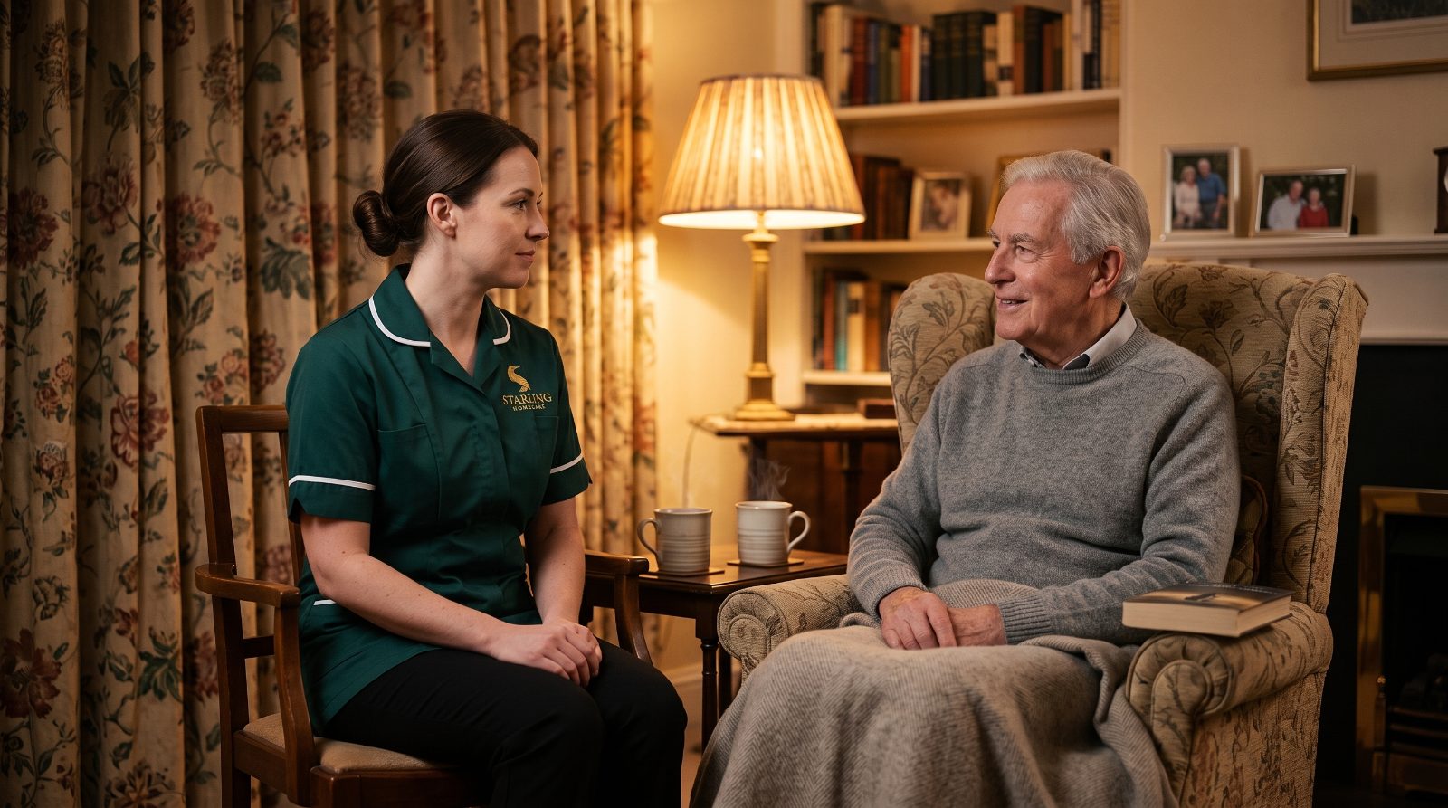 End of life care at home in Hertford A Starling Homecare carer sitting quietly with an older man by lamplight during end of life care at home in Hertford.