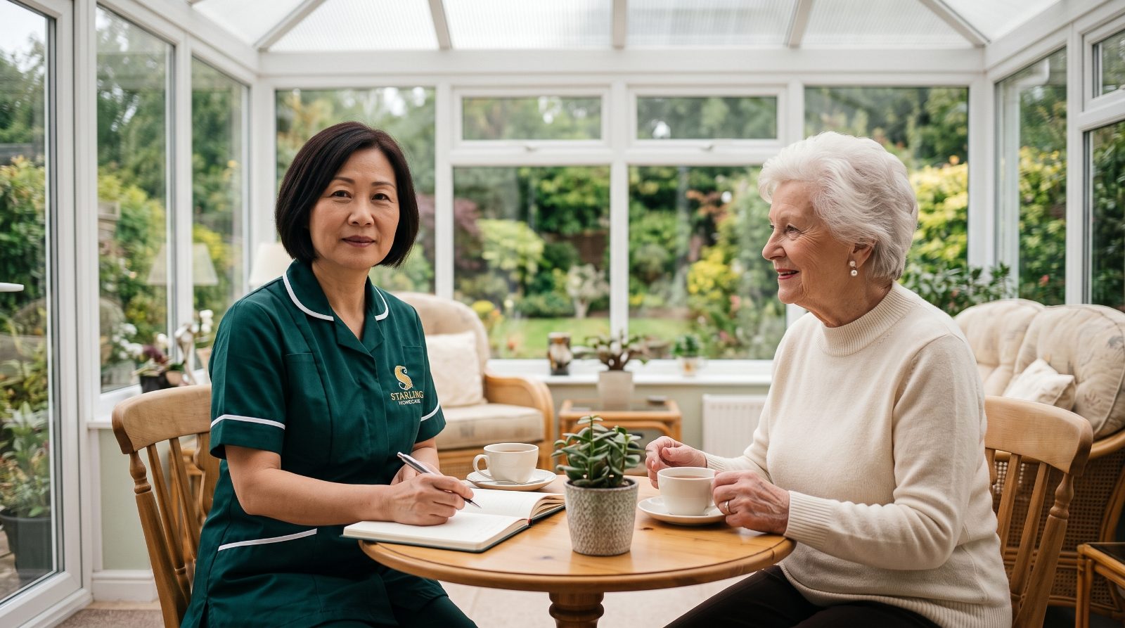 A Starling Homecare carer talking through care plans with an older woman in a bright conservatory in Welwyn Garden City.