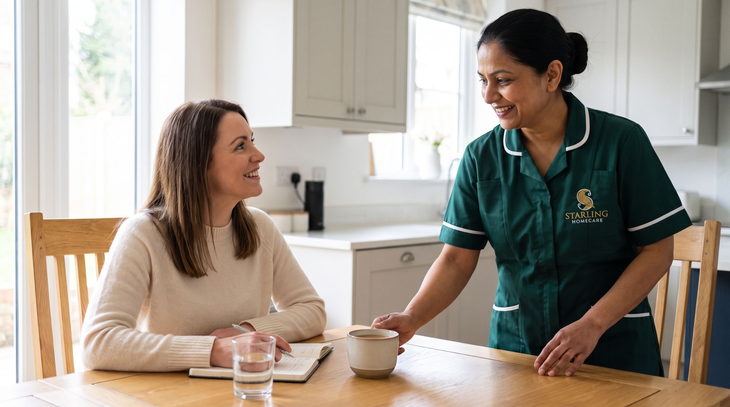 A Starling Homecare carer bringing a cup of tea to a woman at her kitchen table at home A Starling Homecare carer bringing a cup of tea to a woman at her kitchen table at home