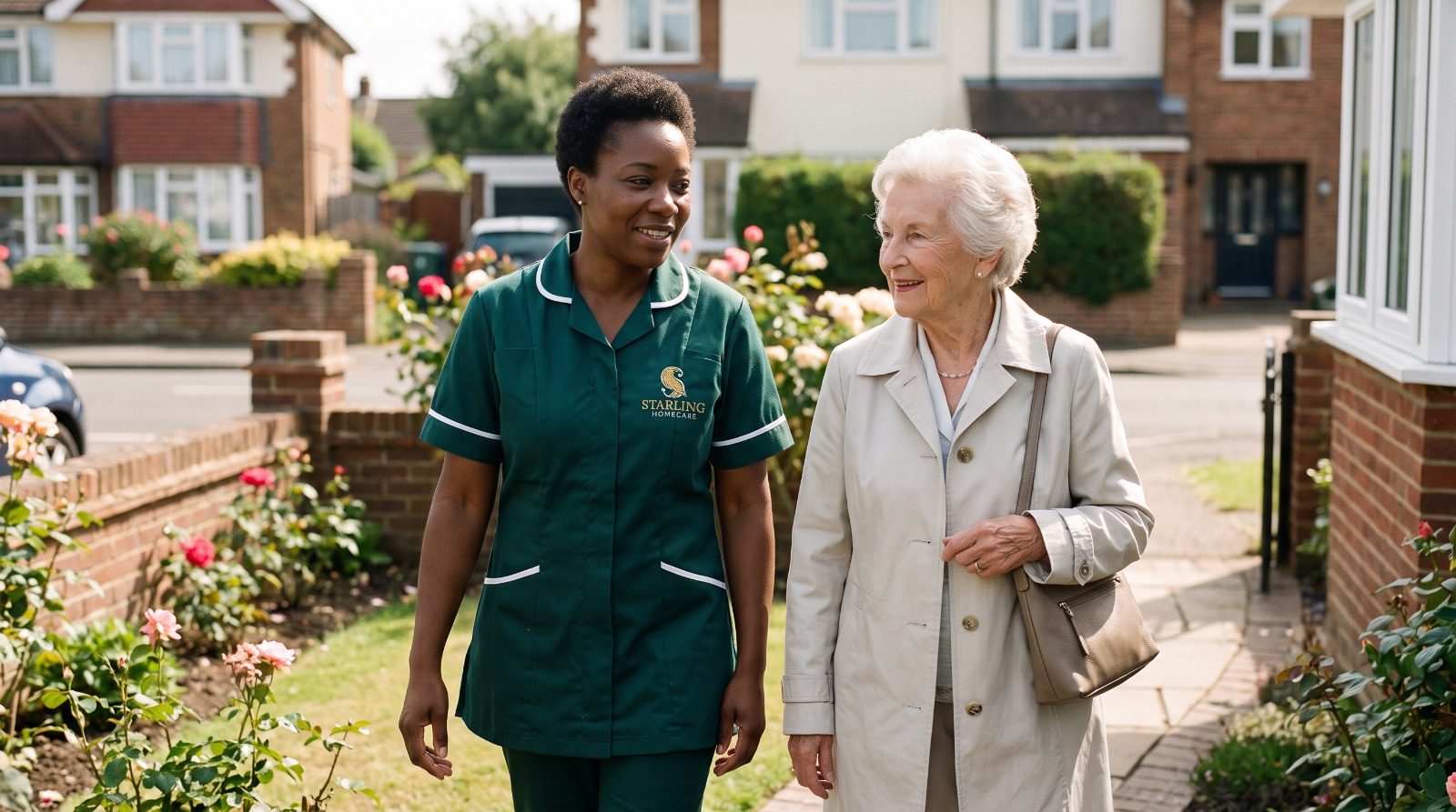 Help at home in Hertford A Starling Homecare carer walking out along the front path with an older woman in Hertford, help at home between family visits.