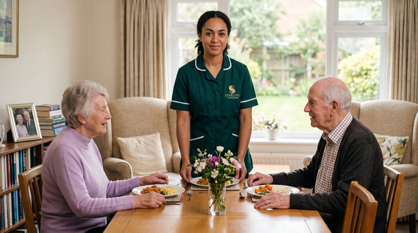Help at home in Tring A Starling Homecare carer with an older couple together in their sitting room in Tring, help at home for two people.