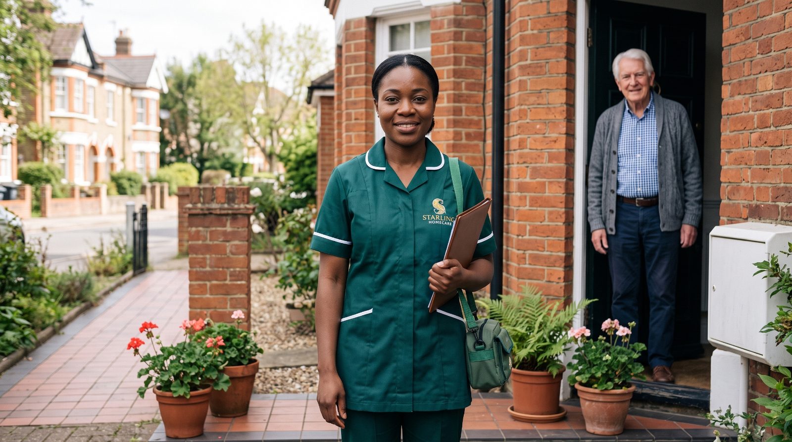 A Starling Homecare carer arriving at the front door of a Berkhamsted home for a post-operative visit, welcomed by an older man.