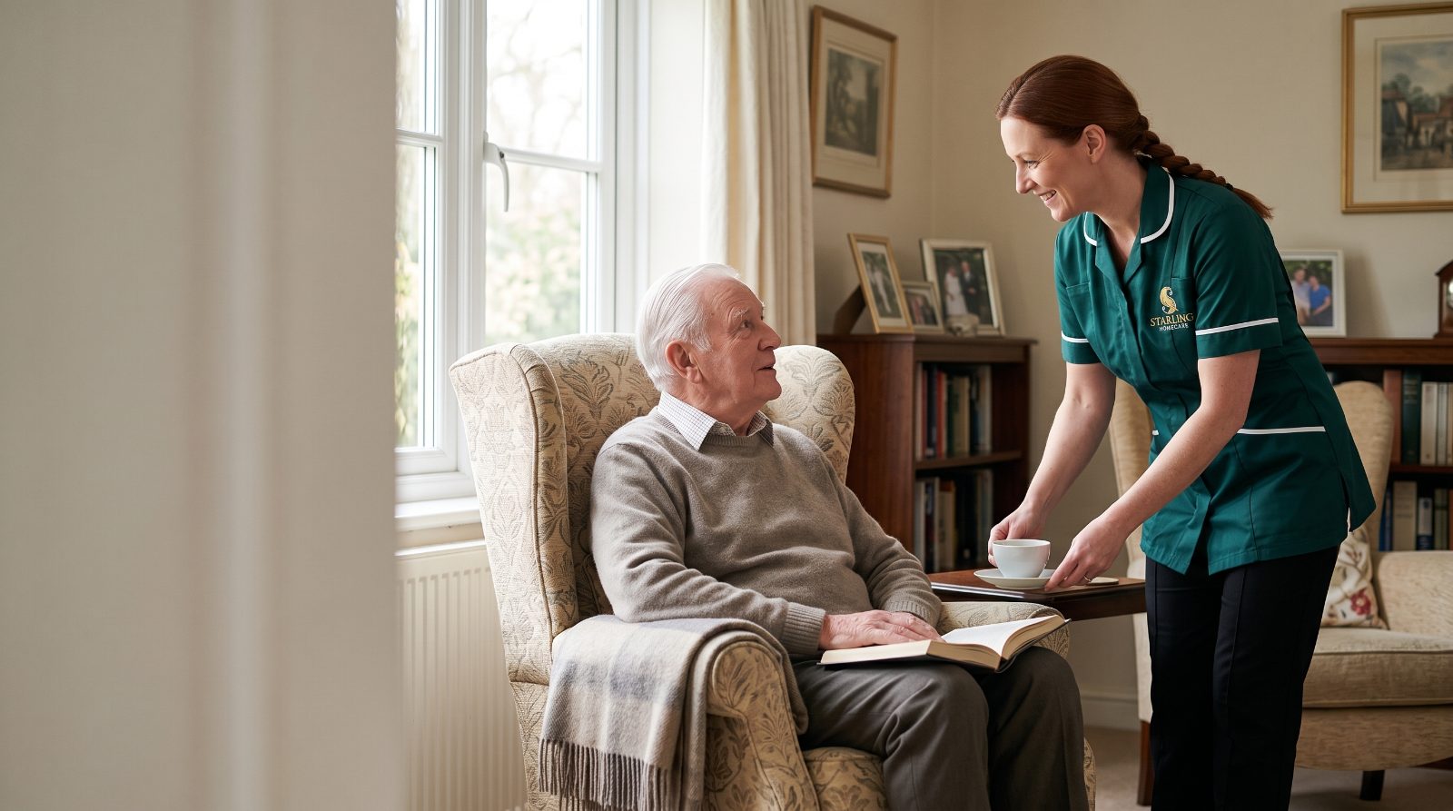 A Starling Homecare carer bringing tea to an older man resting in his armchair during home A Starling Homecare carer bringing tea to an older man resting in his armchair during home care after hospital in Tring.