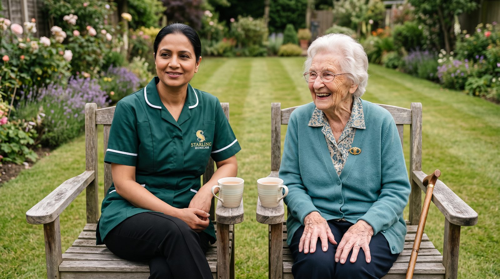 A Starling Homecare carer and an older woman talking over tea on a garden bench, the kind of unhurried conversation to expect from a home care agency in Welwyn Garden City.