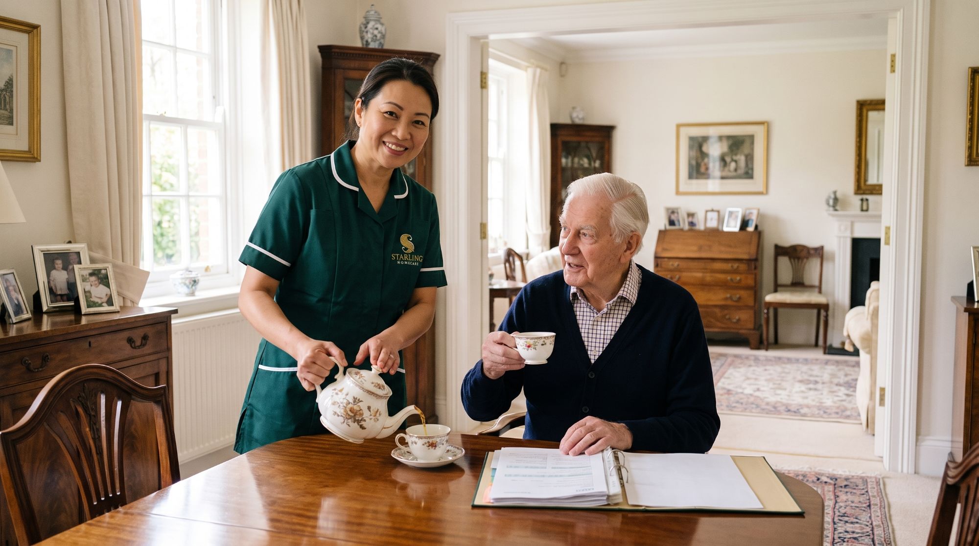 A Starling Homecare carer pouring tea while talking through home care costs in Harpenden with a client at his dining table