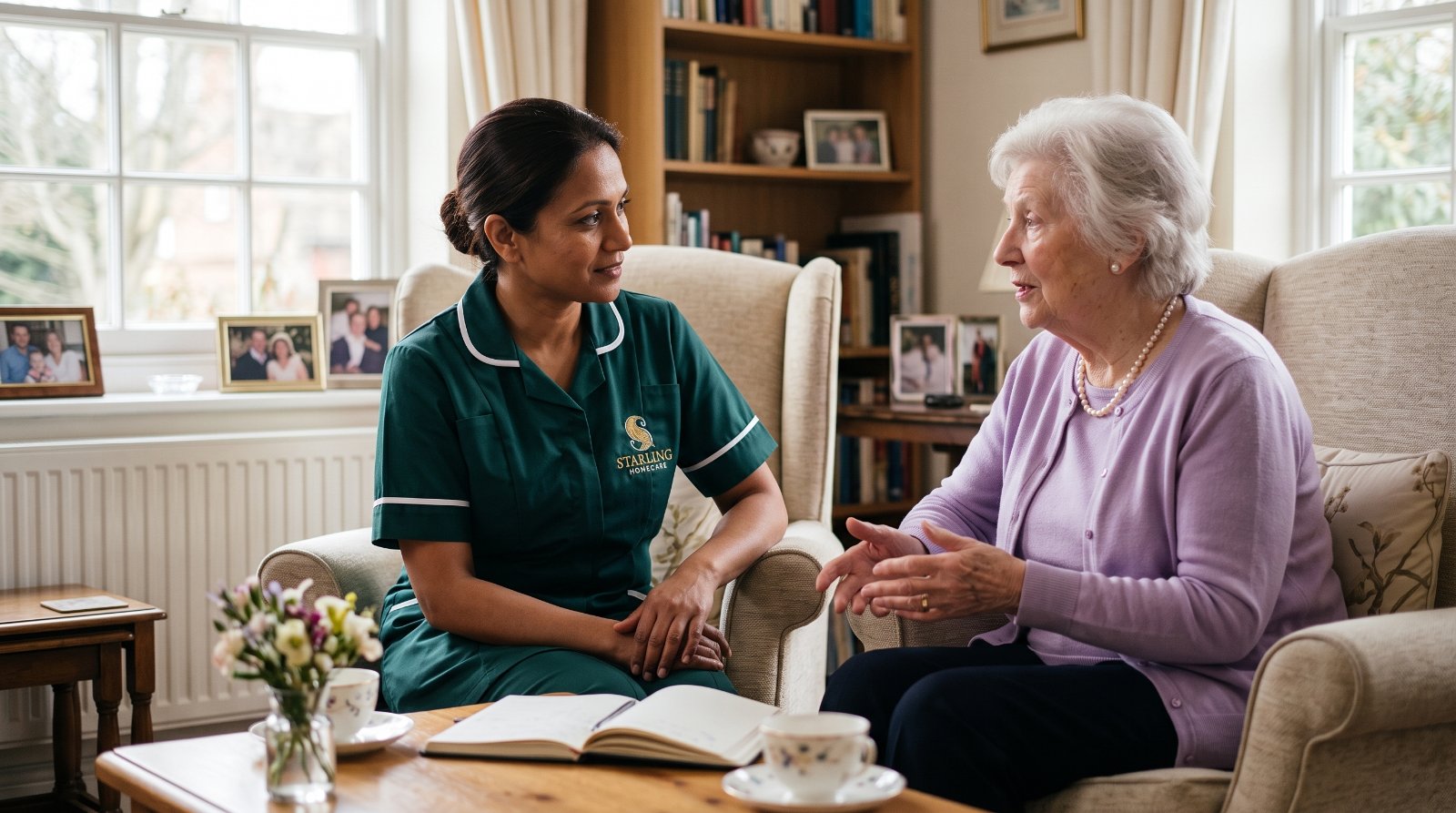 A Starling Homecare carer and an older woman talking through home care costs in St Albans over a notebook and two cups of tea in her sitting room.