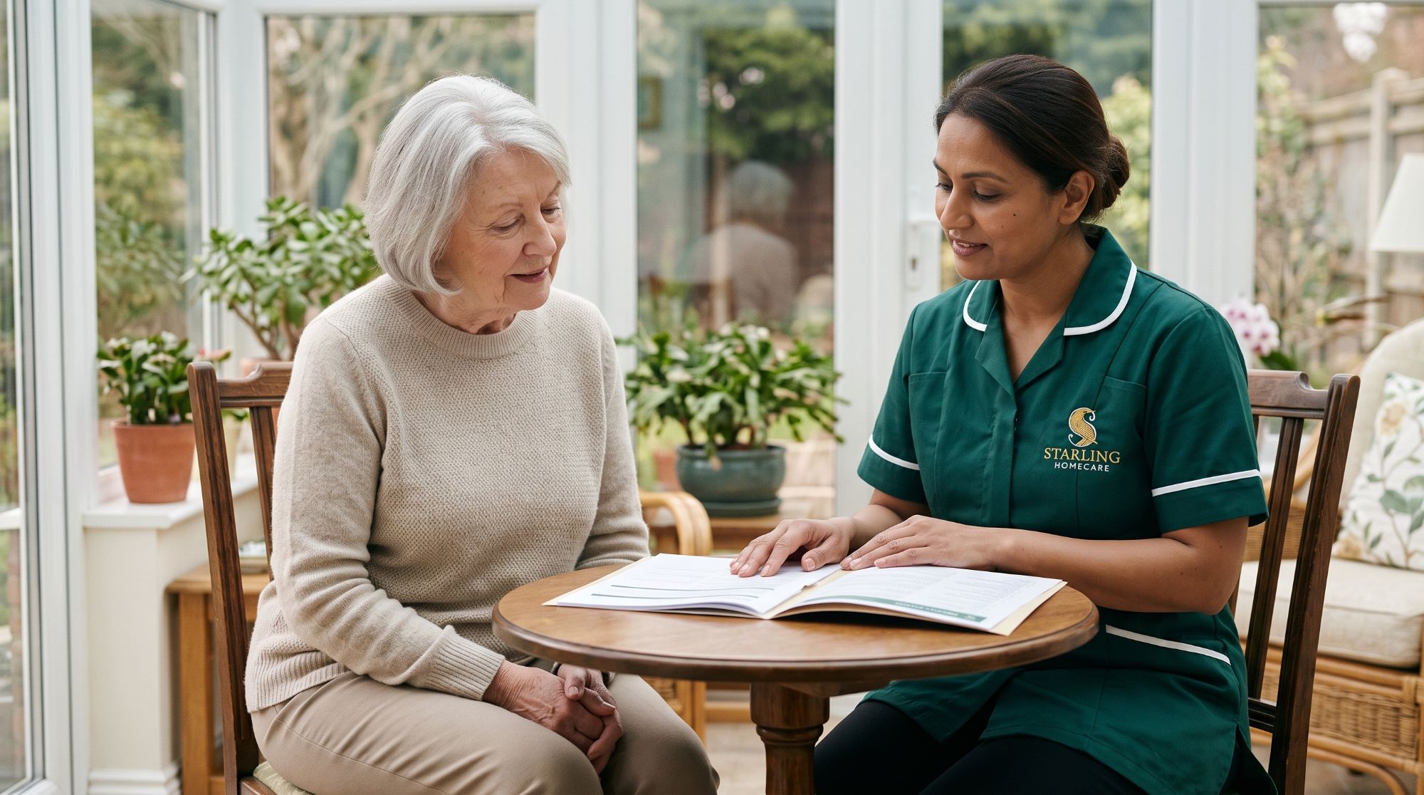 Home care costs in Welwyn Garden City and Hatfield A Starling Homecare carer going through home care costs in Welwyn Garden City with an older woman at her conservatory table.