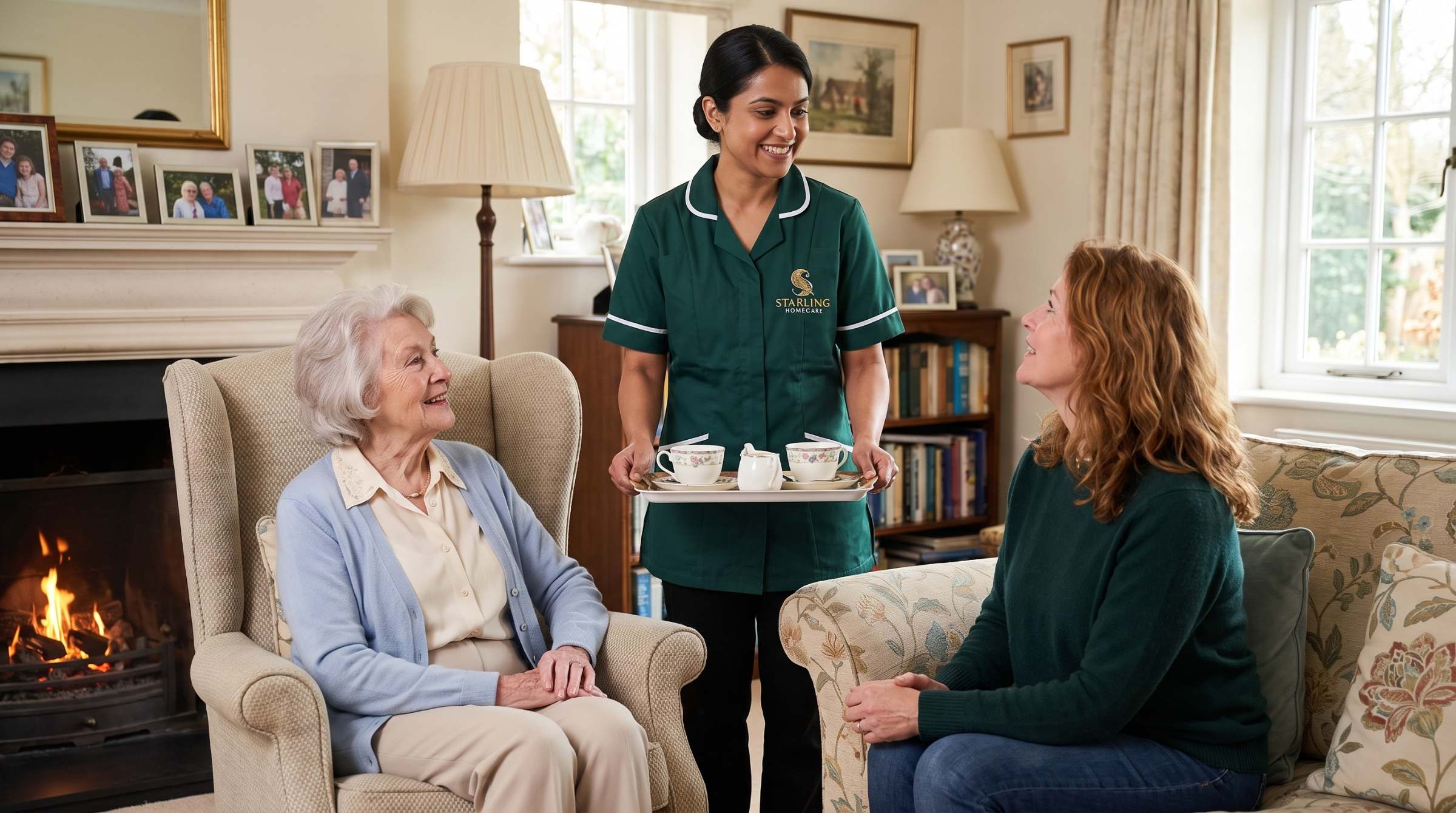 Home care or a care home in Brookmans Park Starling Homecare carer bringing tea while an older woman and her daughter talk through home care or a care home in Brookmans Park