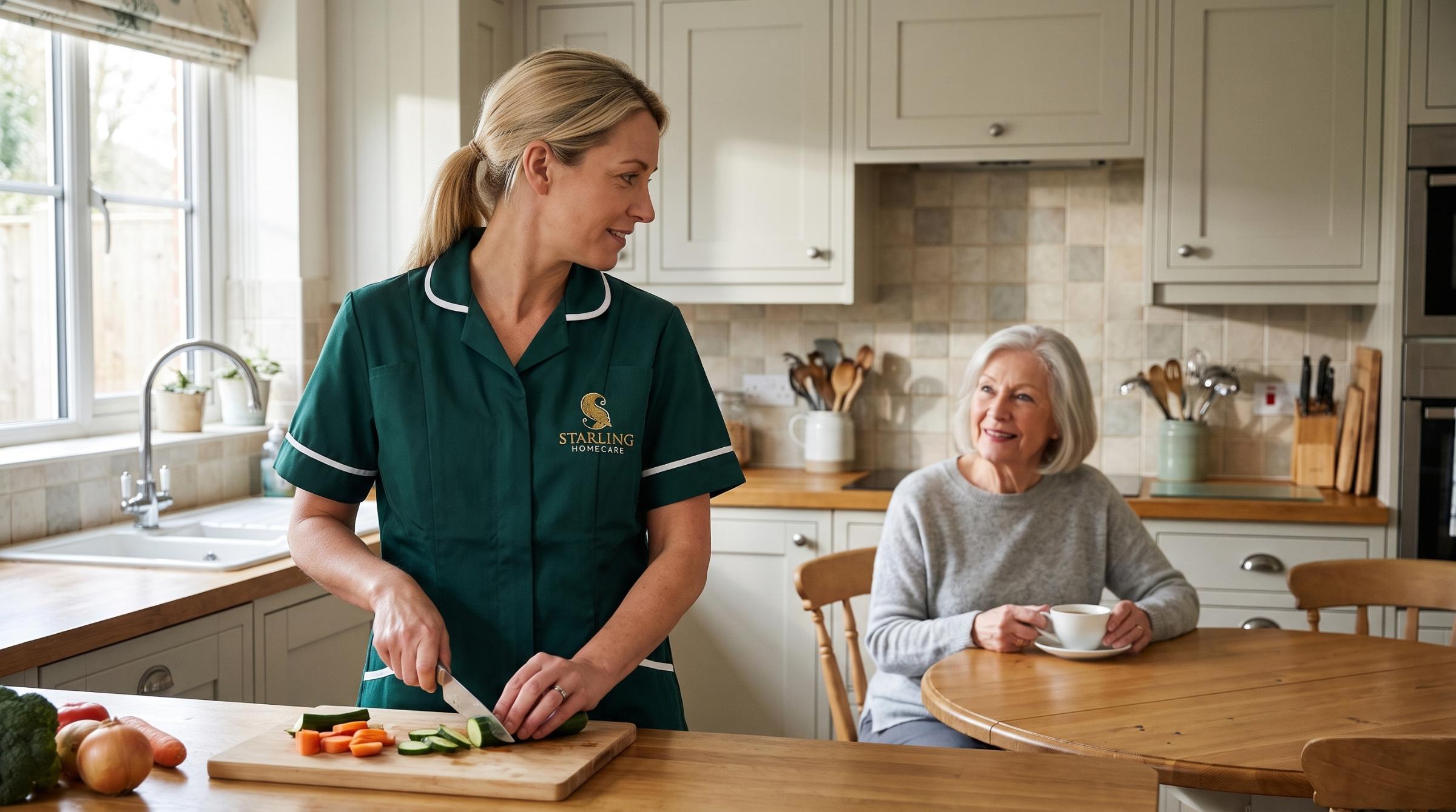 Starling Homecare carer providing home help in a Hertfordshire kitchen, preparing lunch while the client sits at the table