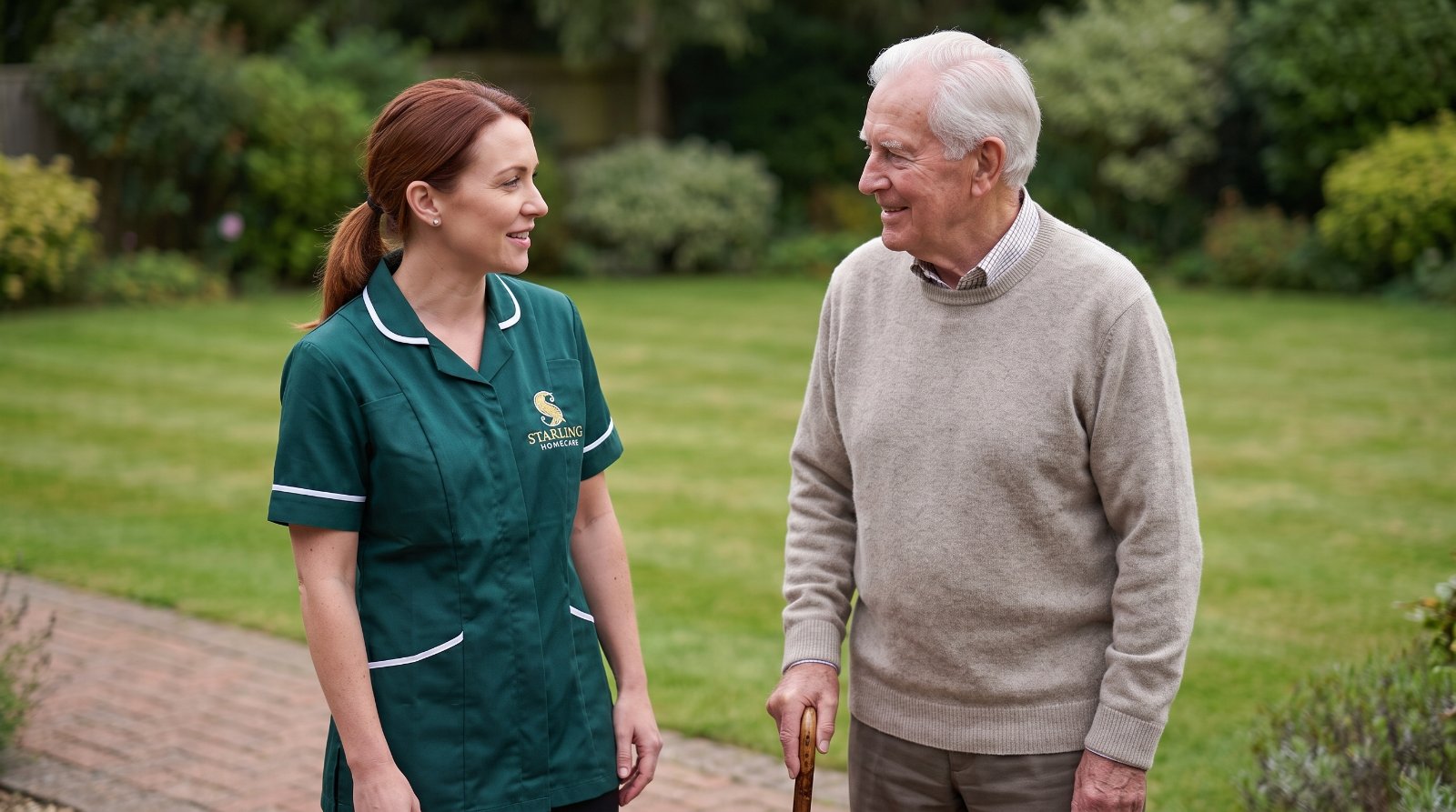 A Starling Homecare carer in a garden with an older man walking with a stick, later life care at home in Hertfordshire