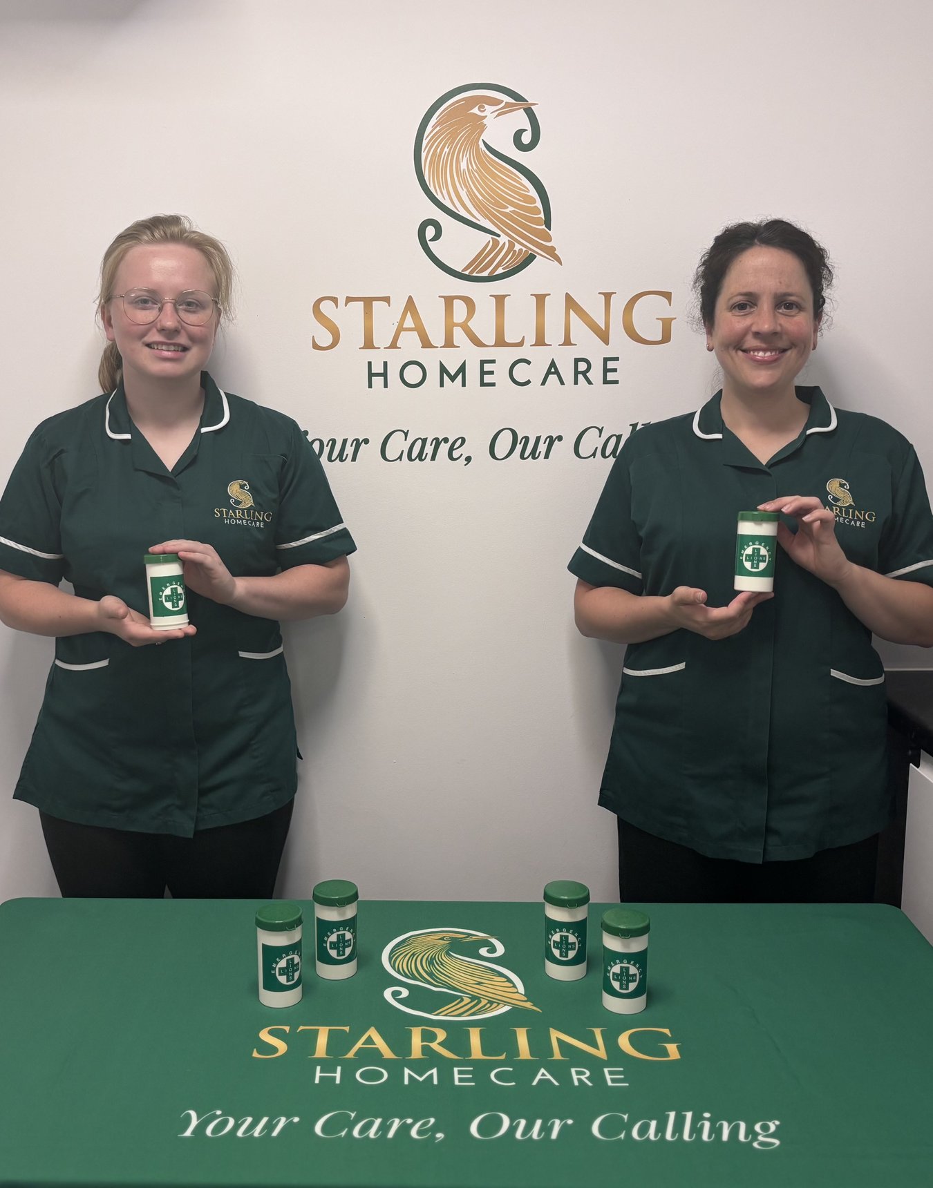 Two Starling Homecare carers holding Message in a Bottle kits in Hertfordshire