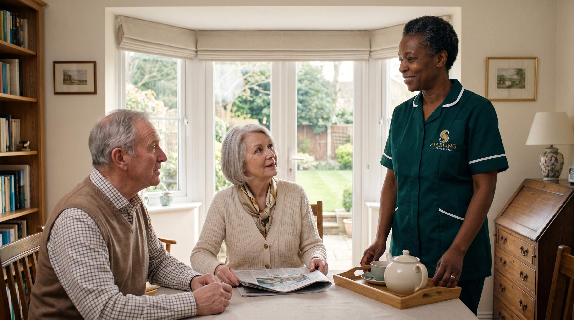 Starling Homecare carer setting down morning tea for an older couple seated at their dining table, live-in care for couples in Welwyn Garden City