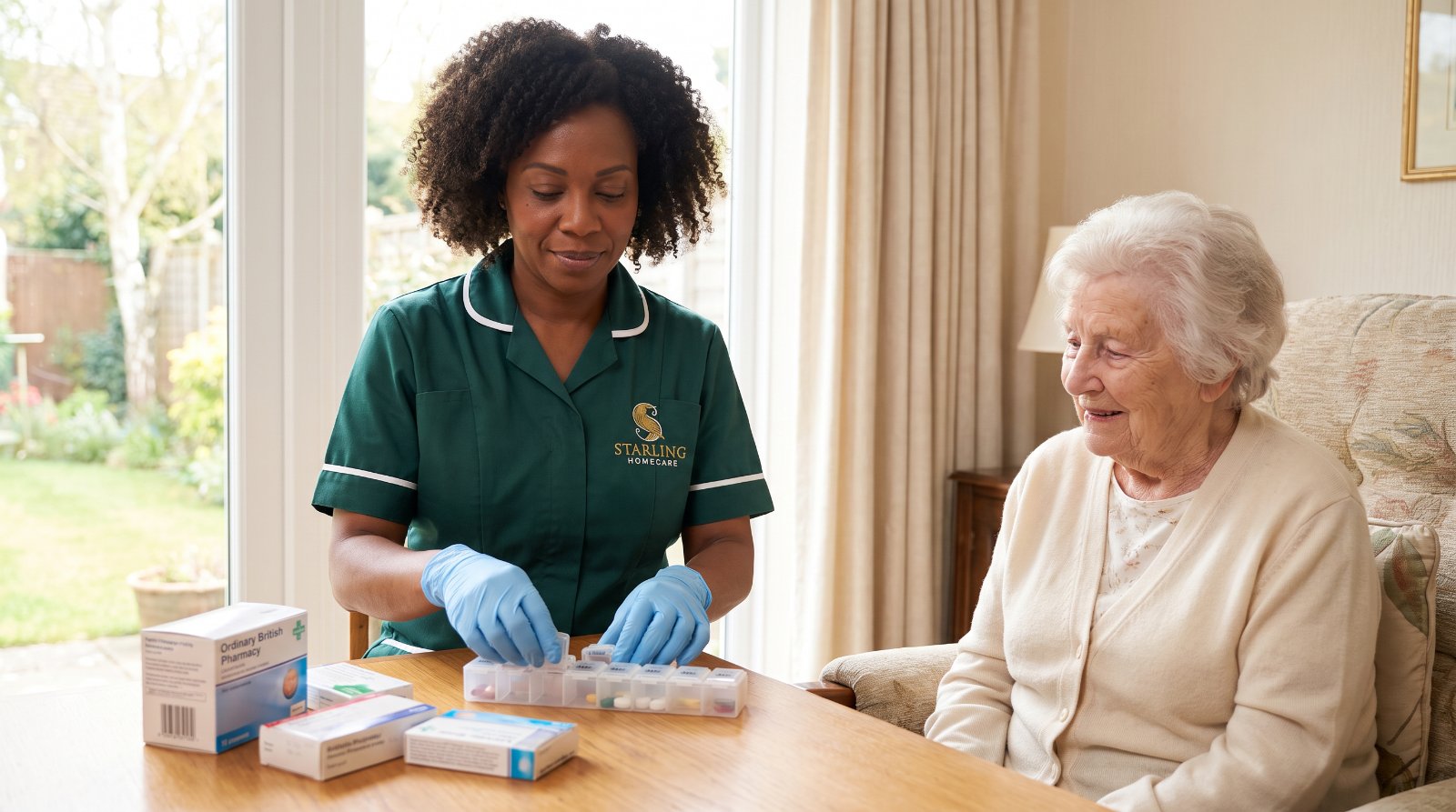 A Starling Homecare carer wearing disposable gloves filling a weekly pill organiser while an older woman sits comfortably beside her, before a medication review in Harpenden