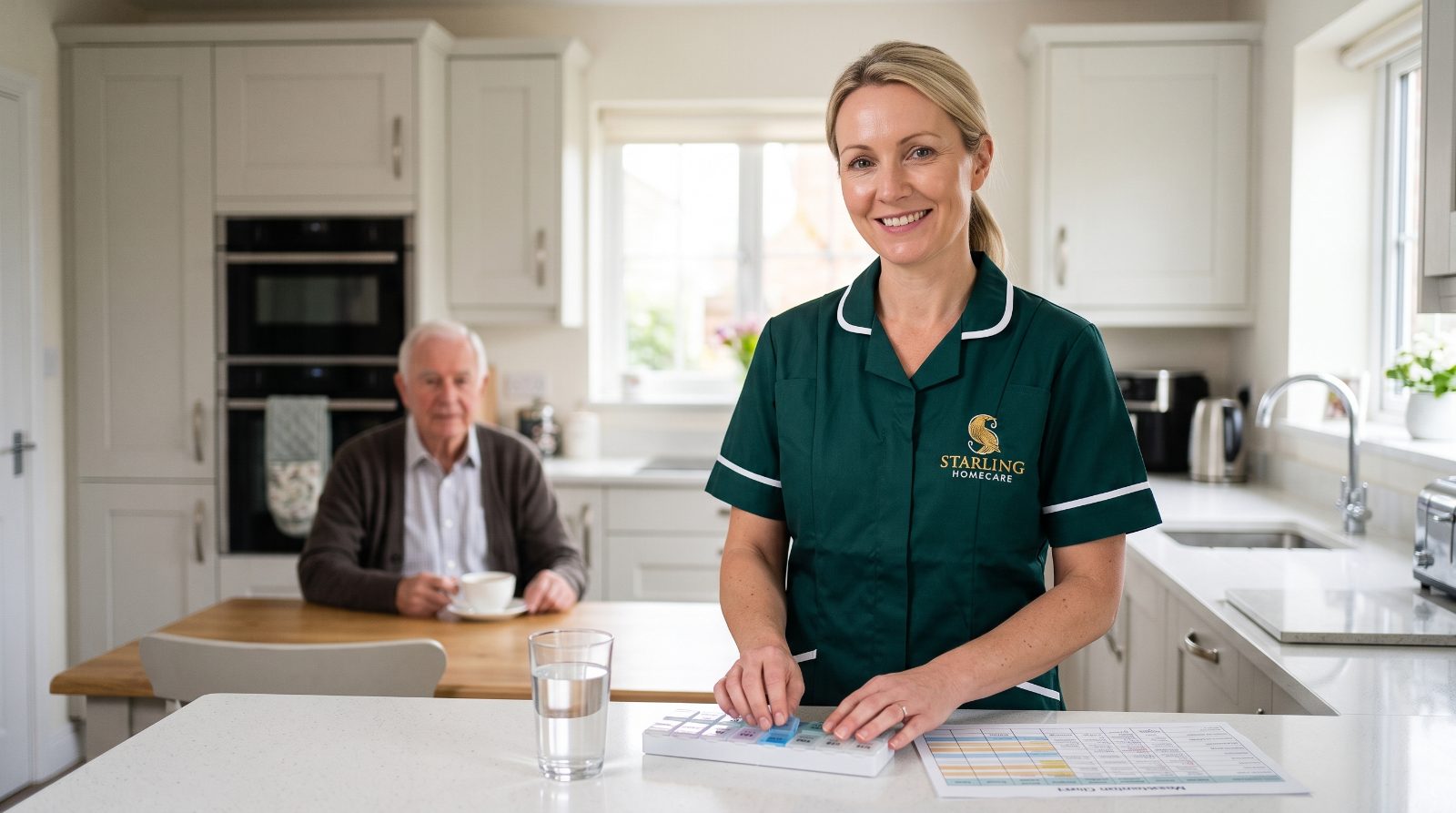 A Starling Homecare carer checking a weekly pill organiser and medication chart in a Hemel Hempstead kitchen.