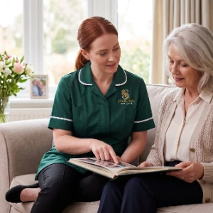 MS care at home, a carer sharing a warm moment with a client