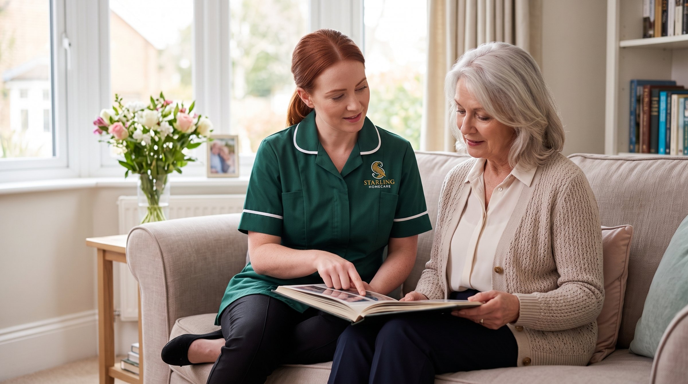 A Starling Homecare carer and a client looking through a photo album together at home A Starling Homecare carer and a client looking through a photo album together at home