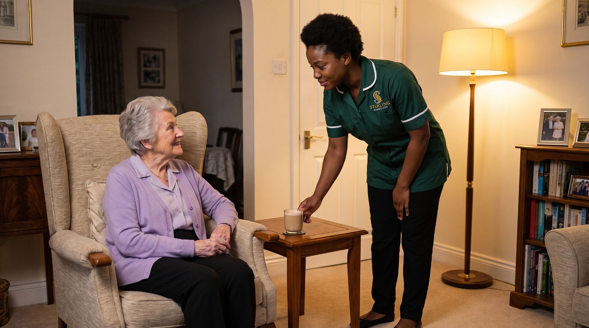 A Starling Homecare carer settling a client for the evening during overnight care in St Albans, bringing a warm drink to her armchair