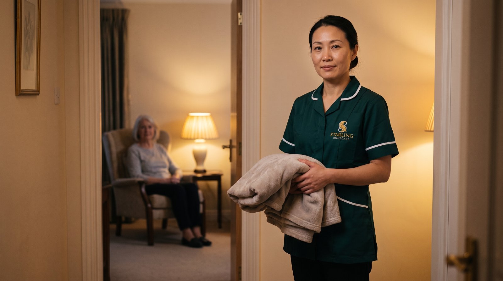 overnight-care-welwyn-garden-city-hertfordshire-v2-1 A Starling Homecare carer settling a lamp-lit hallway for the night, with the older woman she supports seated calmly in the sitting room beyond, overnight care in Welwyn Garden City.