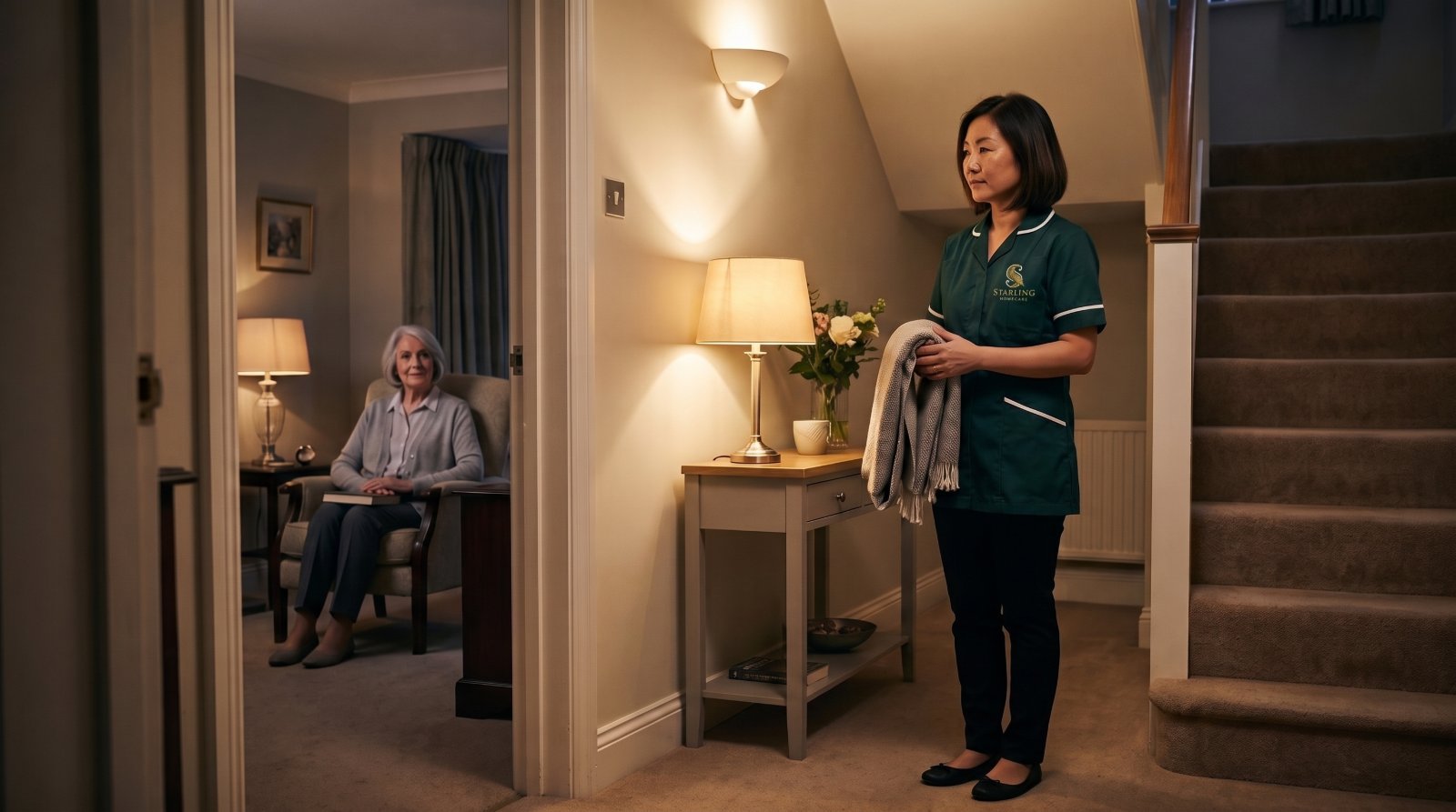 A Starling Homecare carer settling a lamp-lit home for the night