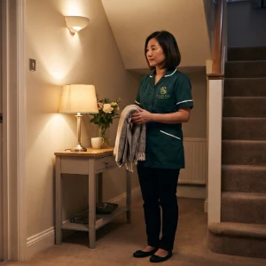 Overnight care at home, a carer settling a bedroom for the night