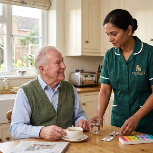 Parkinson’s care at home, a carer bringing tea to an older man