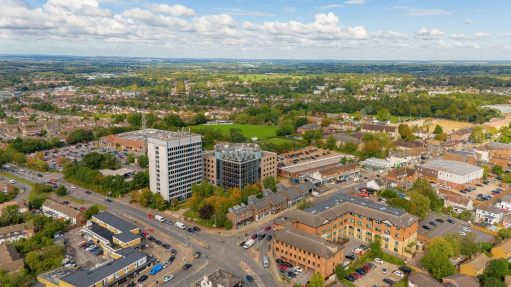 Aerial view over Potters Bar town centre in Hertfordshire