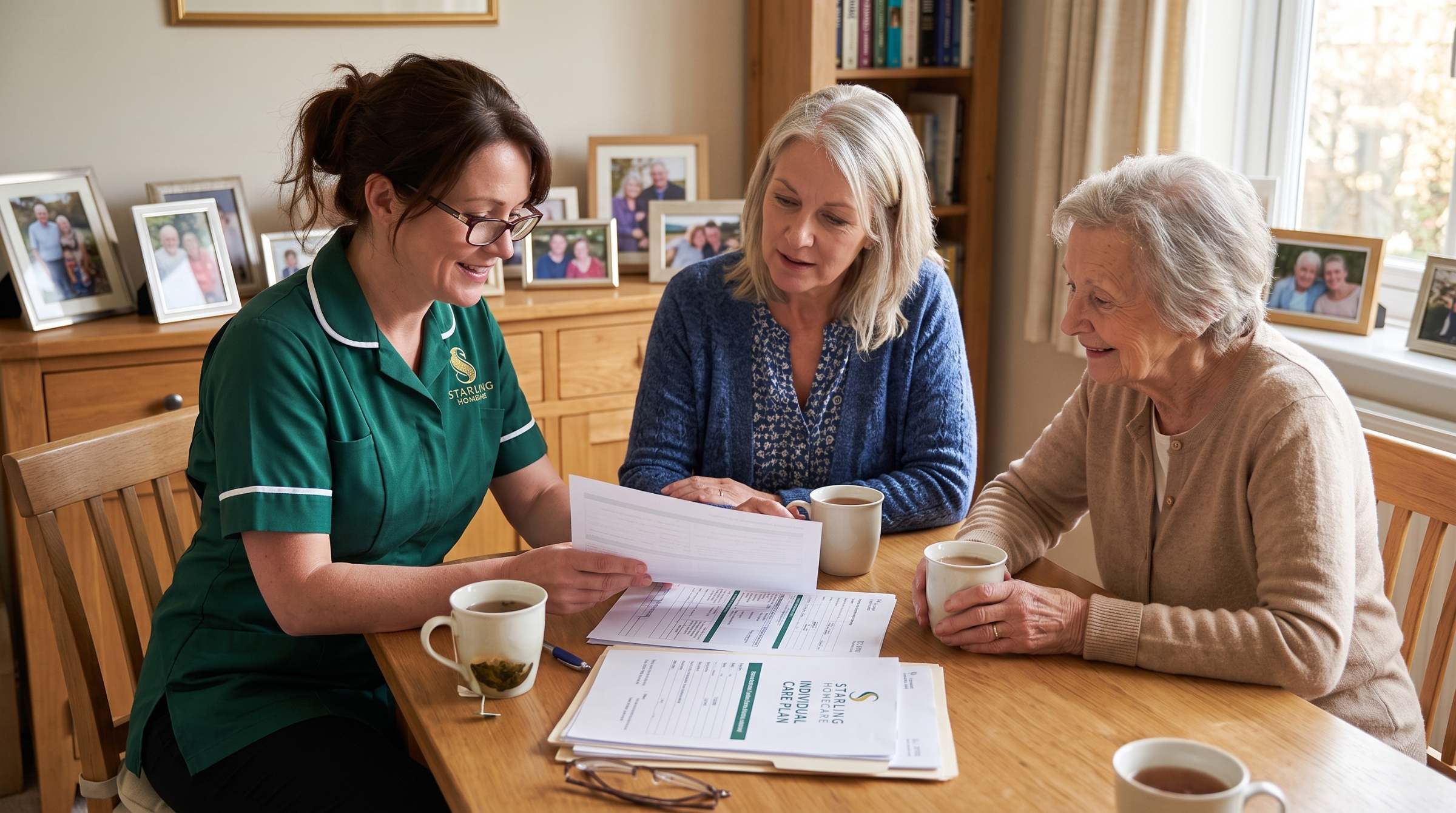 A Starling Homecare carer bringing a cup of tea to a woman at her kitchen table at home