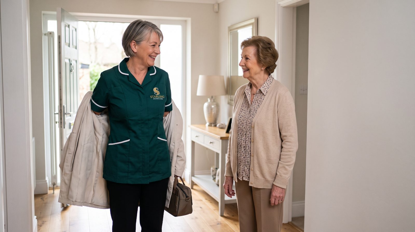 A Starling Homecare carer arriving at an older woman’s home to provide private respite car A Starling Homecare carer arriving at an older woman's home to provide private respite care at home.