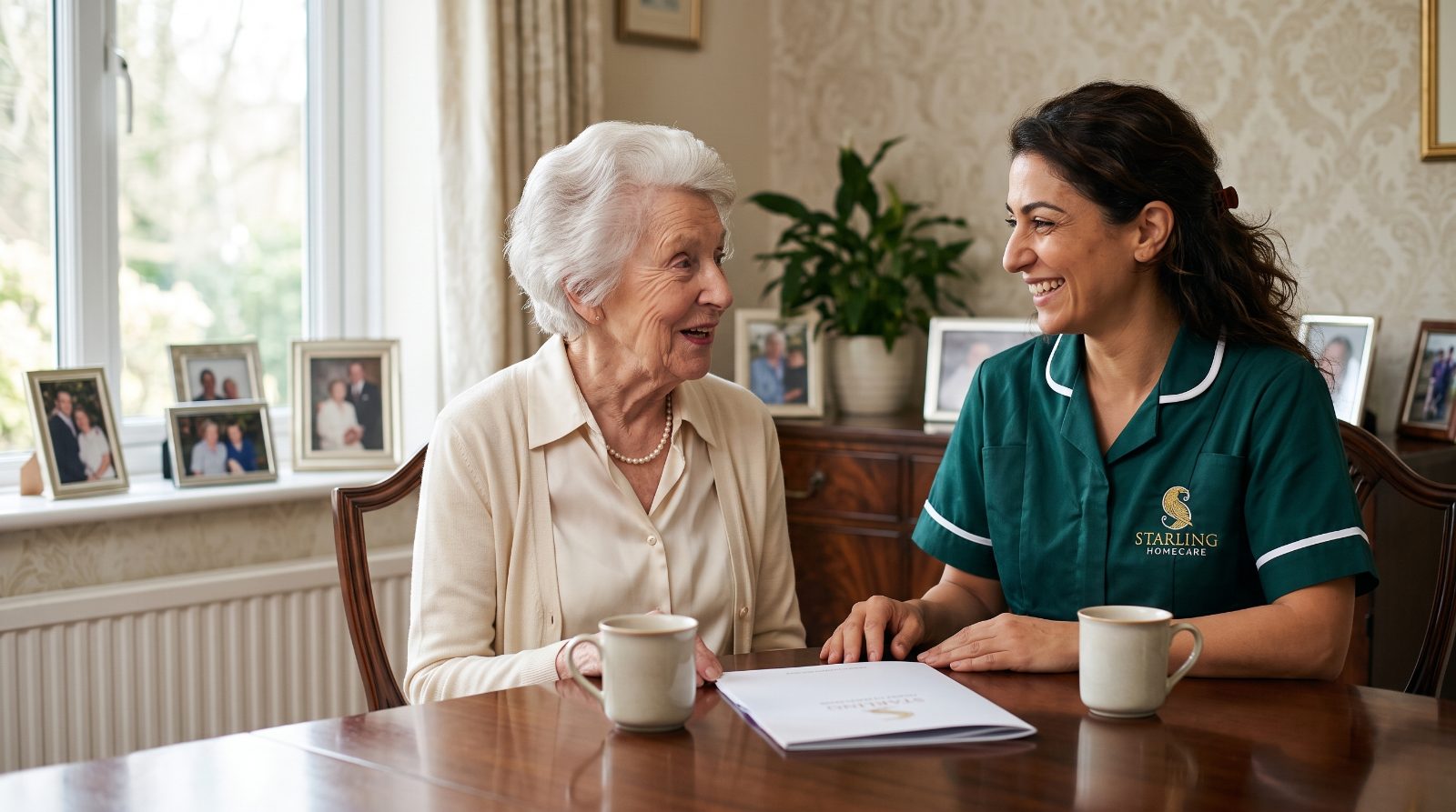 A Starling Homecare carer sitting with an older woman at home in Hertfordshire, an example A Starling Homecare carer sitting with an older woman at home in Hertfordshire, an example of regulated live-in care from a registered provider.