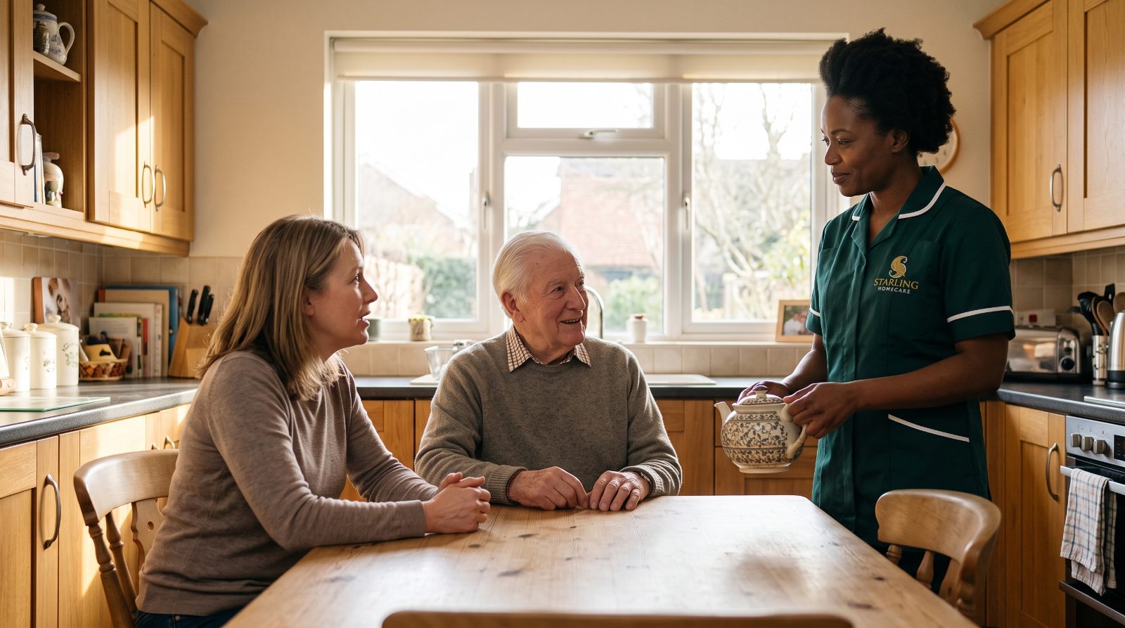 A Starling Homecare carer pouring tea for an older man and his daughter at the kitchen tab A Starling Homecare carer pouring tea for an older man and his daughter at the kitchen table while arranging respite care in St Albans.