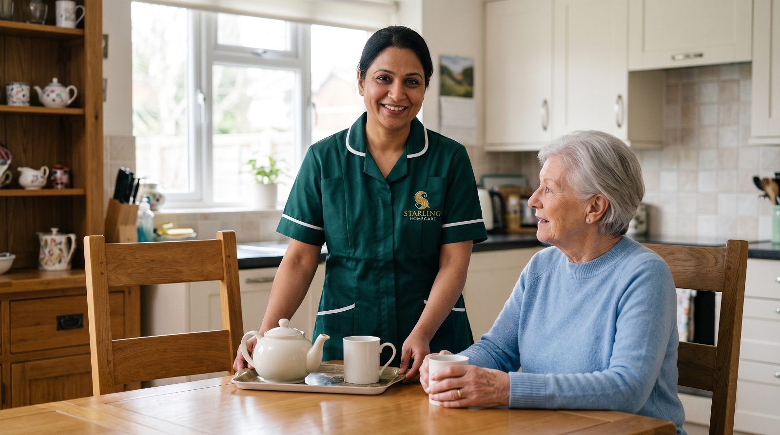 A Starling Homecare carer setting down tea at the kitchen table with an older woman during respite care in Welwyn Garden City.