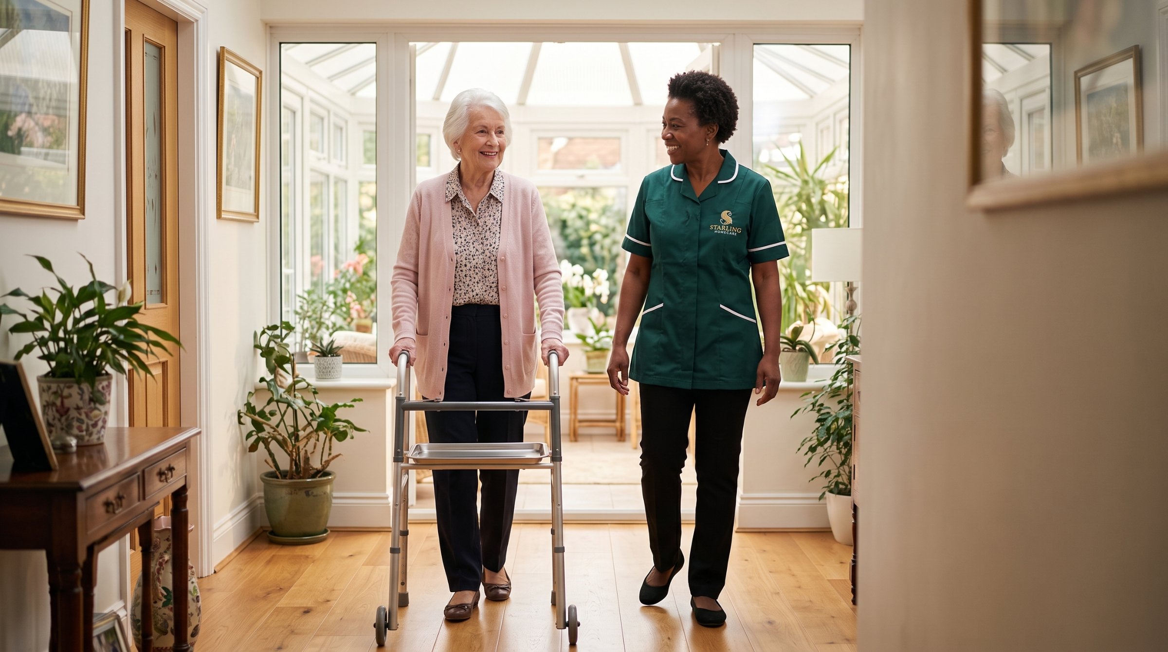 A Starling Homecare carer alongside a client walking with her frame at home A Starling Homecare carer alongside a client walking with her frame at home