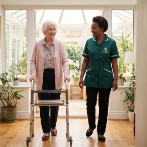 Stroke care at home, a carer walking with an older woman using a frame