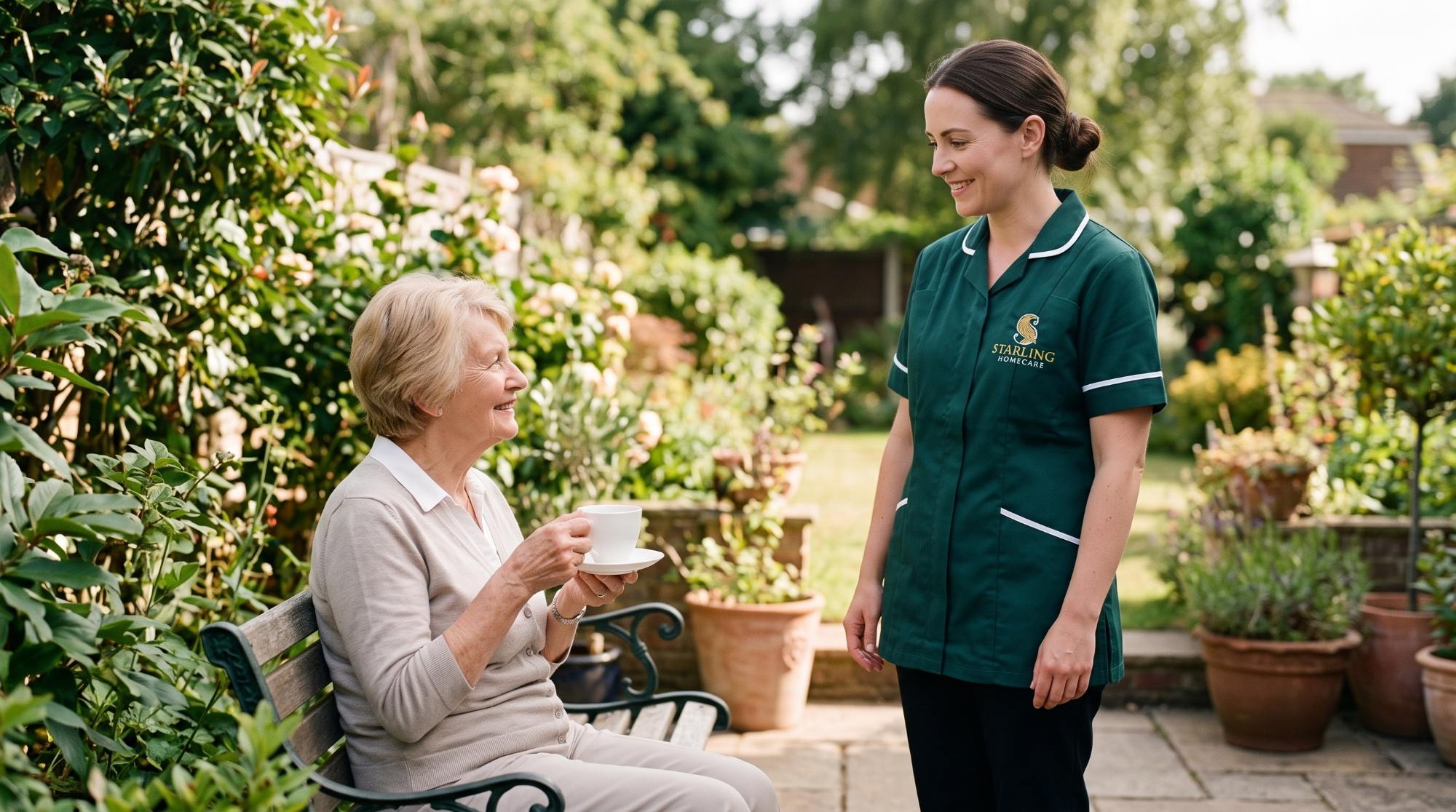 Supporting someone with FND at home A Starling Homecare carer bringing tea to an older woman resting in her garden, supporting someone with FND at home.