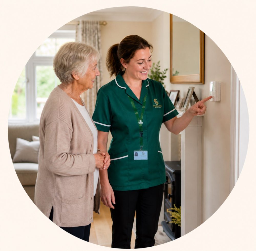 Final-Image-13-Circle-resized Starling Homecare carer helping an elderly woman with a wall thermostat in a bright living room