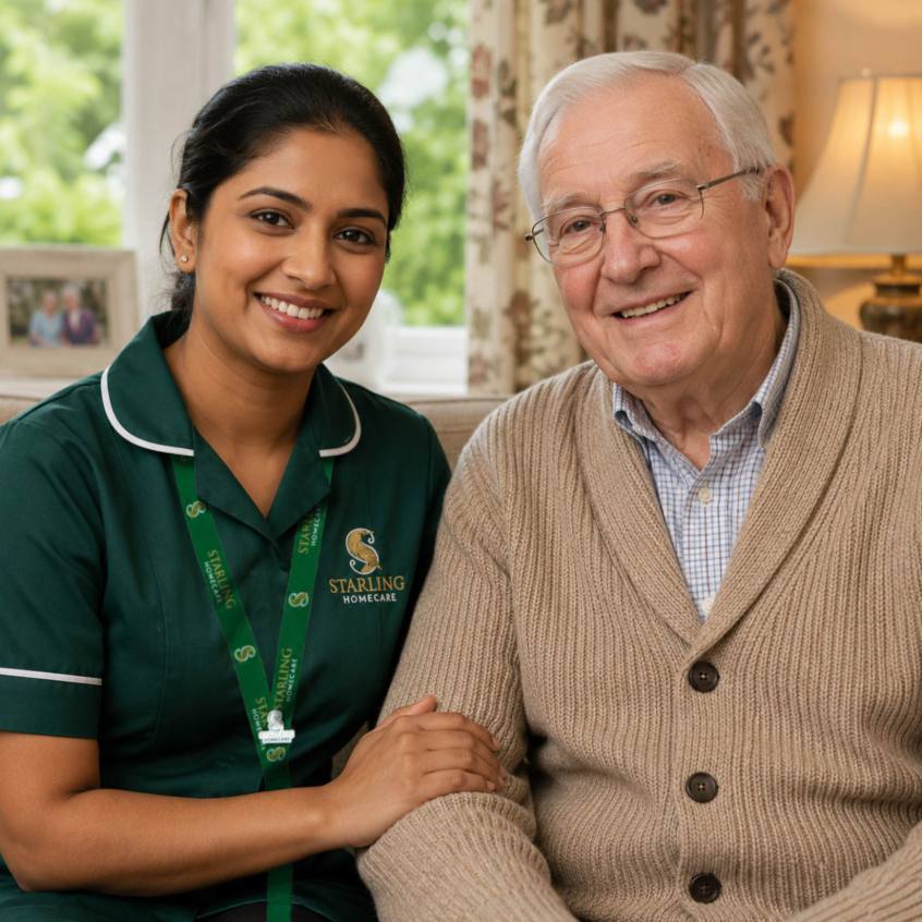 Starling Homecare carer smiling with an elderly man in a cosy room