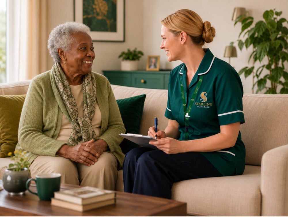 Image-10-Final-Resized Elderly woman smiling with a Starling Homecare carer during a care visit
