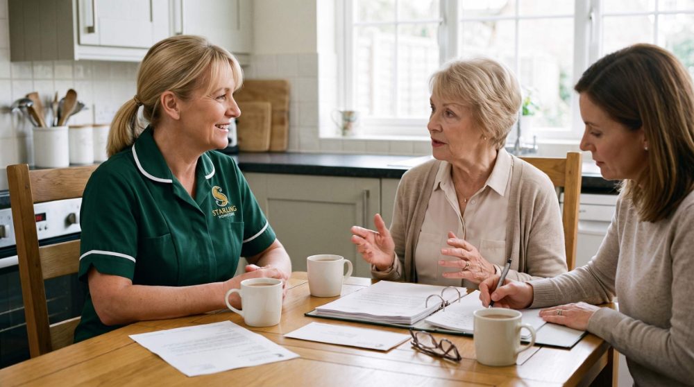 Starling Homecare carer going through care needs assessment paperwork with a family at a kitchen table in Hertfordshire