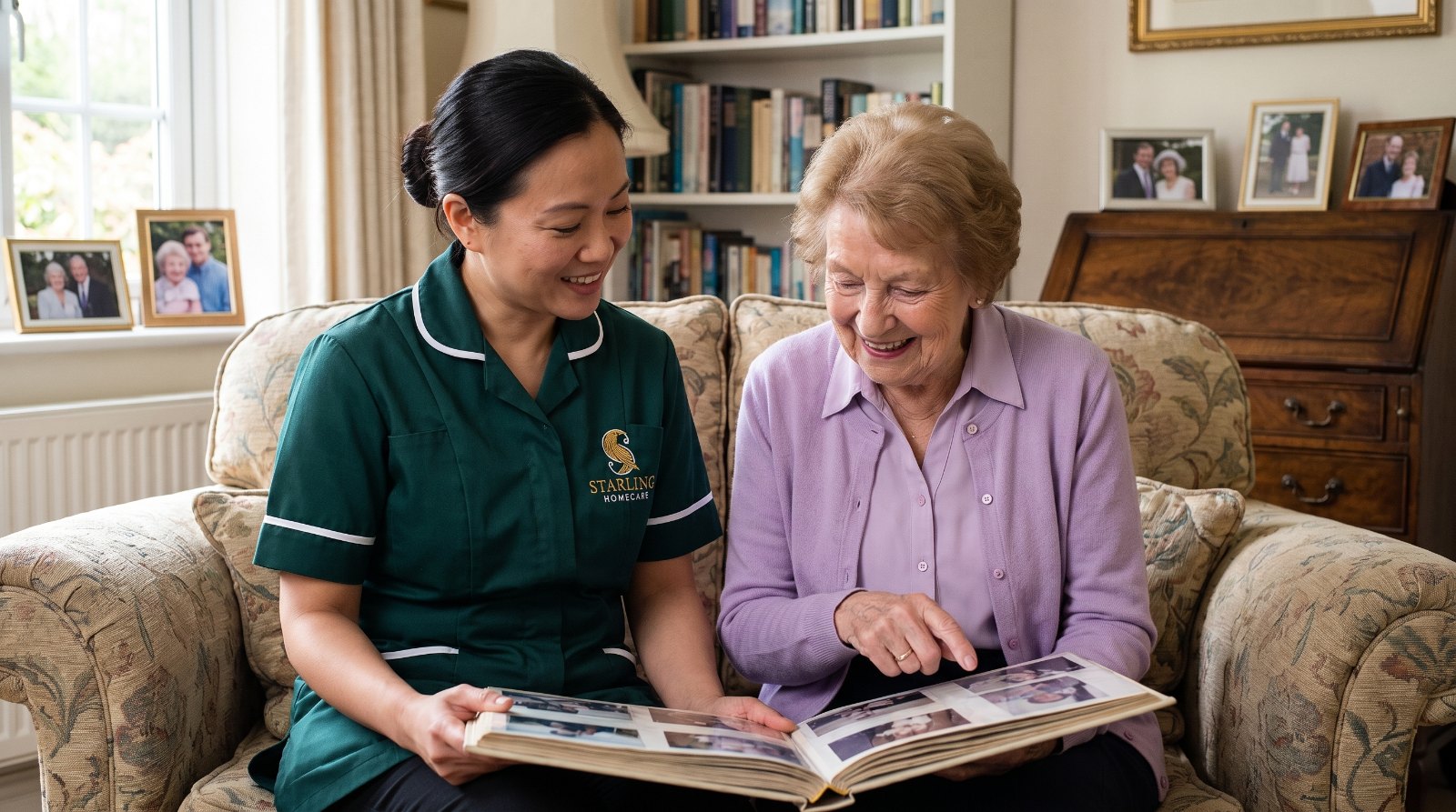 A Starling Homecare carer and an older woman looking through a photo album together after a dementia diagnosis in Hertfordshire