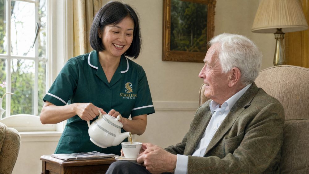 aphasia after stroke at home Carer pouring tea for an older man at home as they talk, an example of support for aphasia after stroke