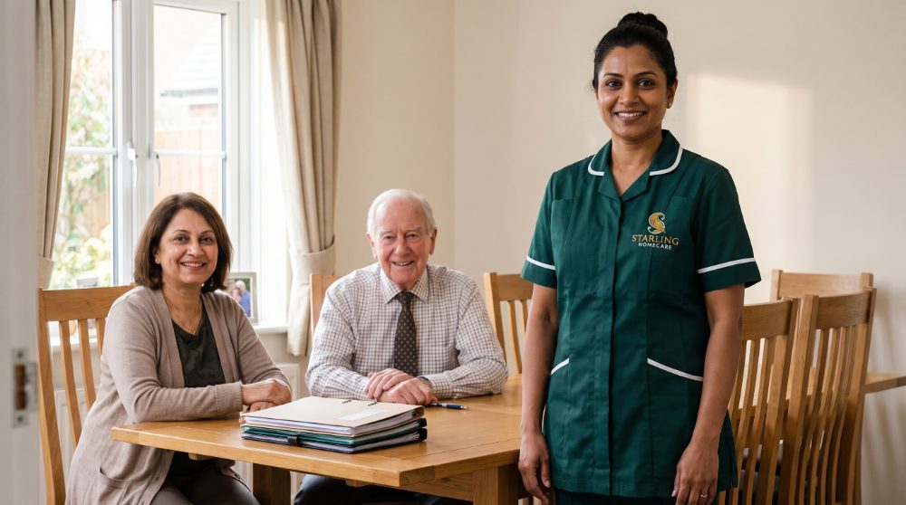 Applying for deputyship in Hemel Hempstead: a Starling Homecare carer with an older man and his daughter at the dining table