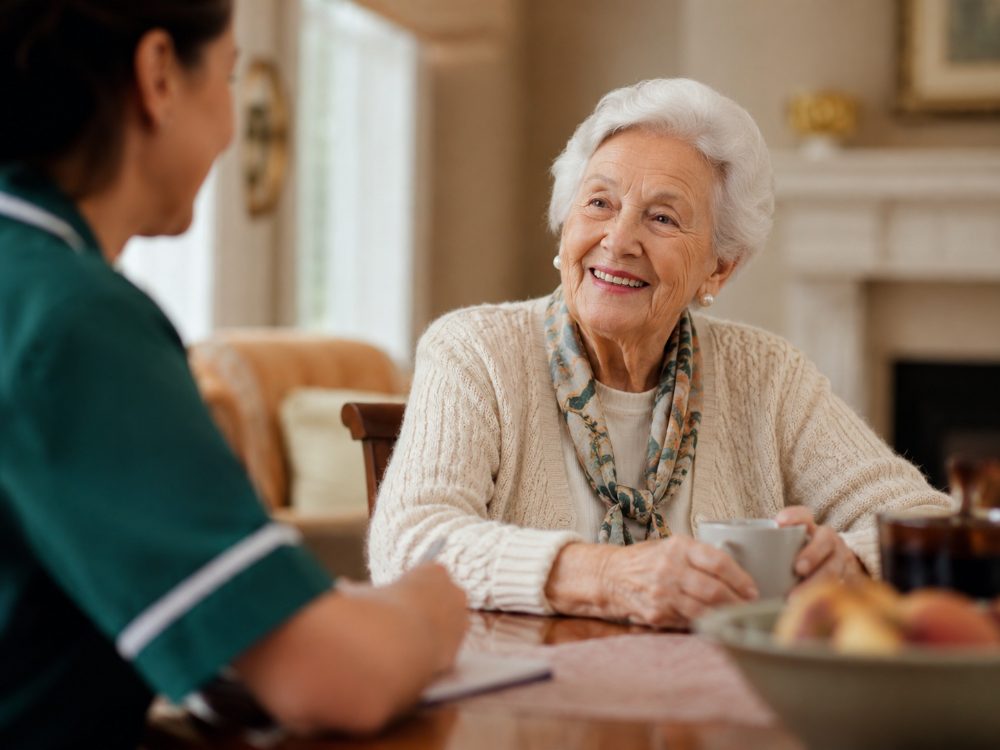 arranging-dementia-care-at-home-hertfordshire Arranging dementia care at home: an elderly woman smiling with a Starling Homecare carer
