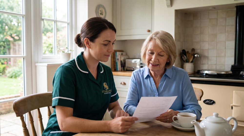 Starling Homecare carer sitting with an older client at a kitchen table in Hertfordshire, going through an Attendance Allowance letter together