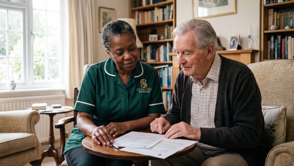 A Starling Homecare carer helping a well-presented older man complete an Attendance Allowance claim form at home in Hertfordshire
