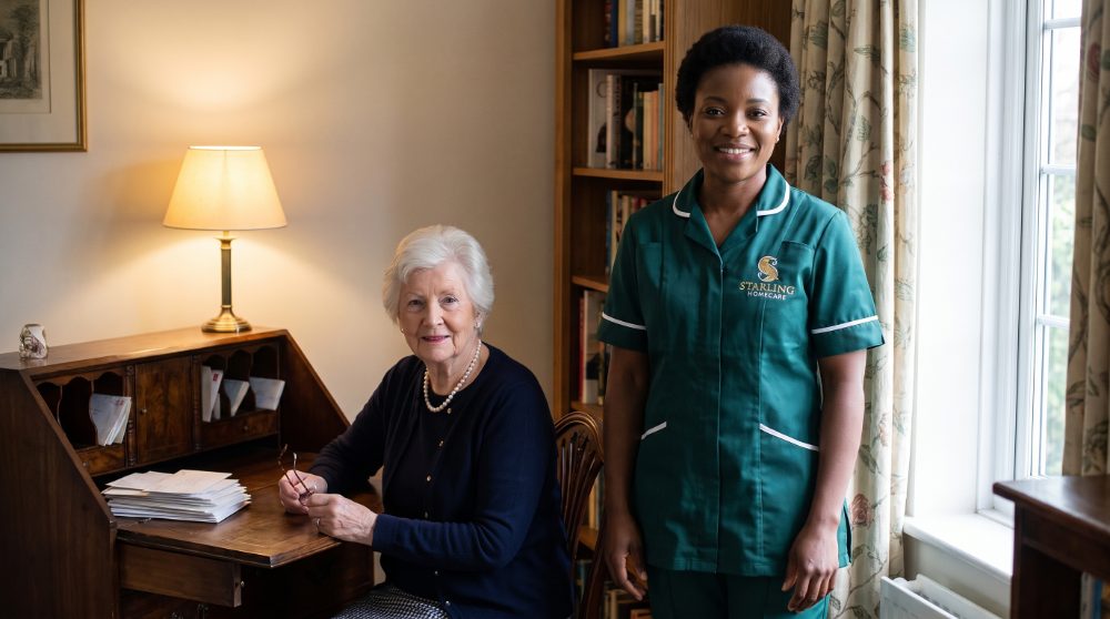 Attendance Allowance in a care home Attendance Allowance in a care home: a Starling Homecare carer beside an older woman at her writing bureau