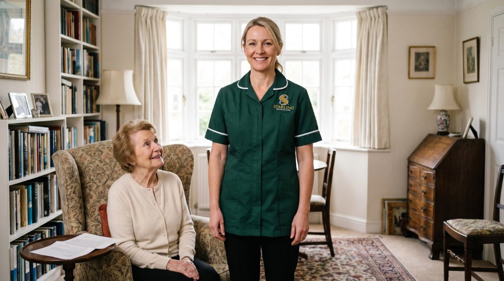A Starling Homecare carer standing beside an older woman in her front room, the Attendance Allowance special rules letter on the side table, Hertfordshire