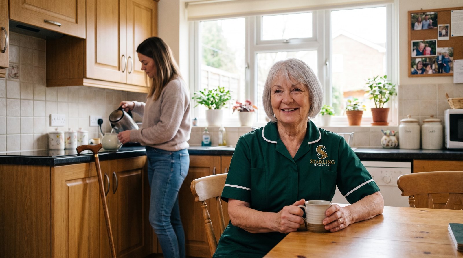 Can someone with FND live alone A younger woman with FND making tea independently in her own kitchen, showing someone with FND can live alone with the right support, while a Starling Homecare carer sits at the table