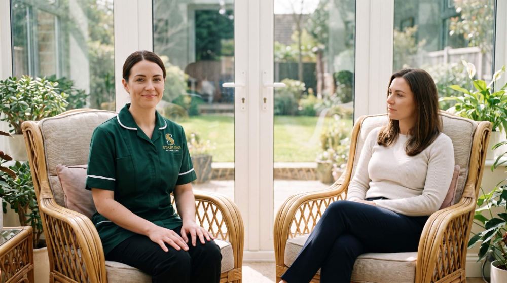 Starling Homecare carer sitting and talking calmly with a younger woman living with FND in a garden room in Hemel Hempstead