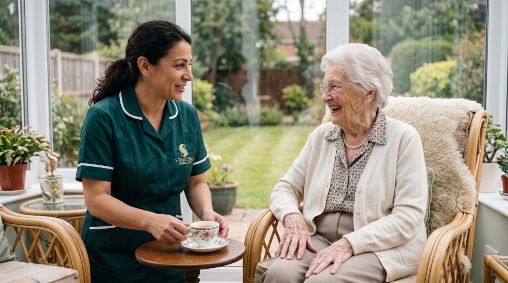 carer-and-client-conservatory-private-carer-starling-homecare-harpenden A Starling Homecare carer and an older woman laughing together in her conservatory, planning the weeks ahead with a private carer in Harpenden.