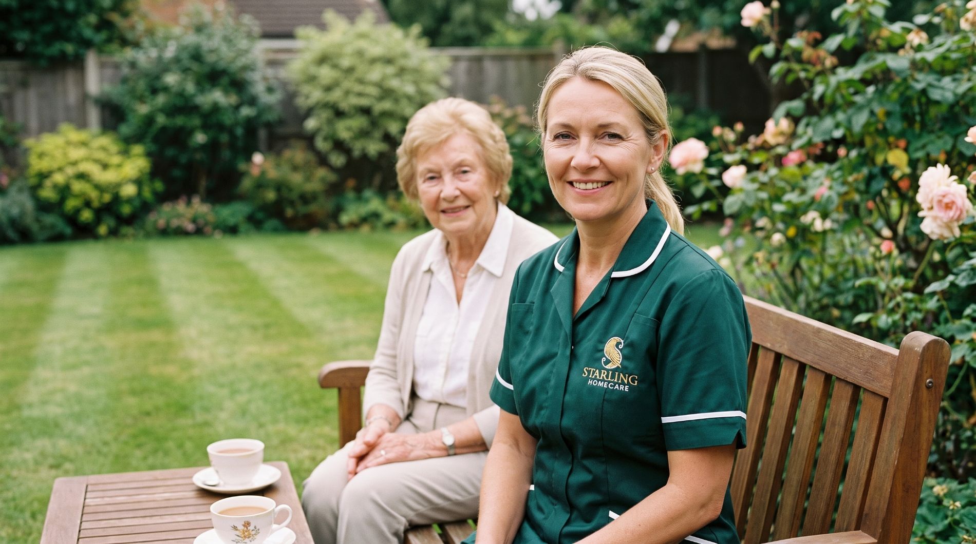 Starling Homecare carer and an older woman sitting together on a garden bench over tea, respite care in Radlett and Shenley.